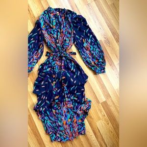 Navy/Multi Color Feather Long Sleeve Maxi Dress